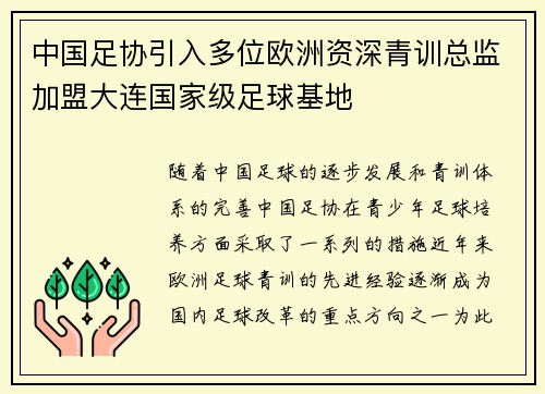 中国足协引入多位欧洲资深青训总监加盟大连国家级足球基地